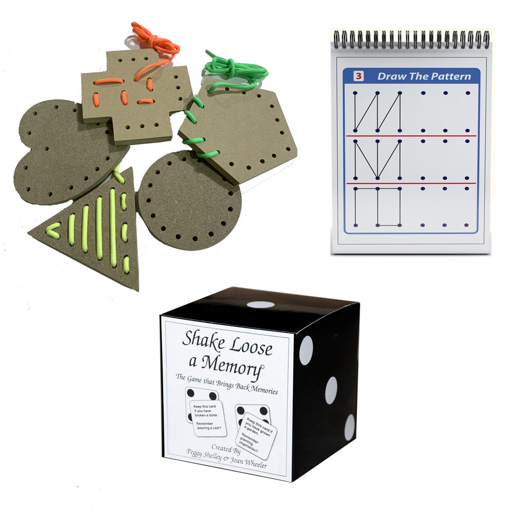 Set of puzzle pieces, a pattern sheet, and 'Shake Loose a Memory' for memory loss activities