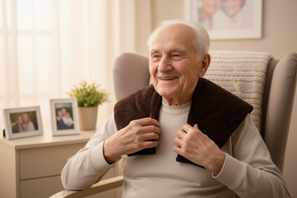 Elderly man with HarmonyHeat Comfort shoulder wrap positioned around neck and shoulders