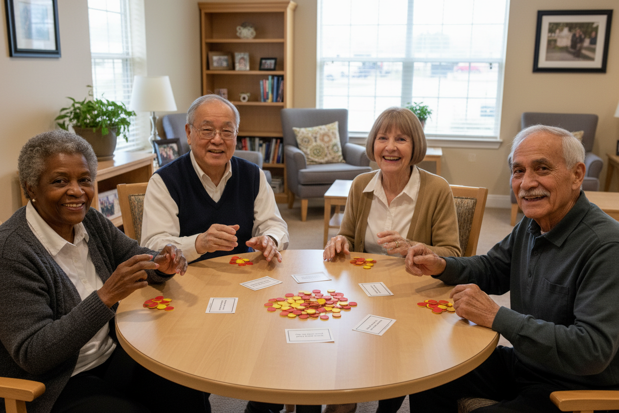 Four seniors playing The Friendly Chip Game
