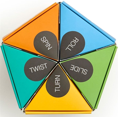 Colorful geometric fidget pieces that spin, roll, twist, turn and slide