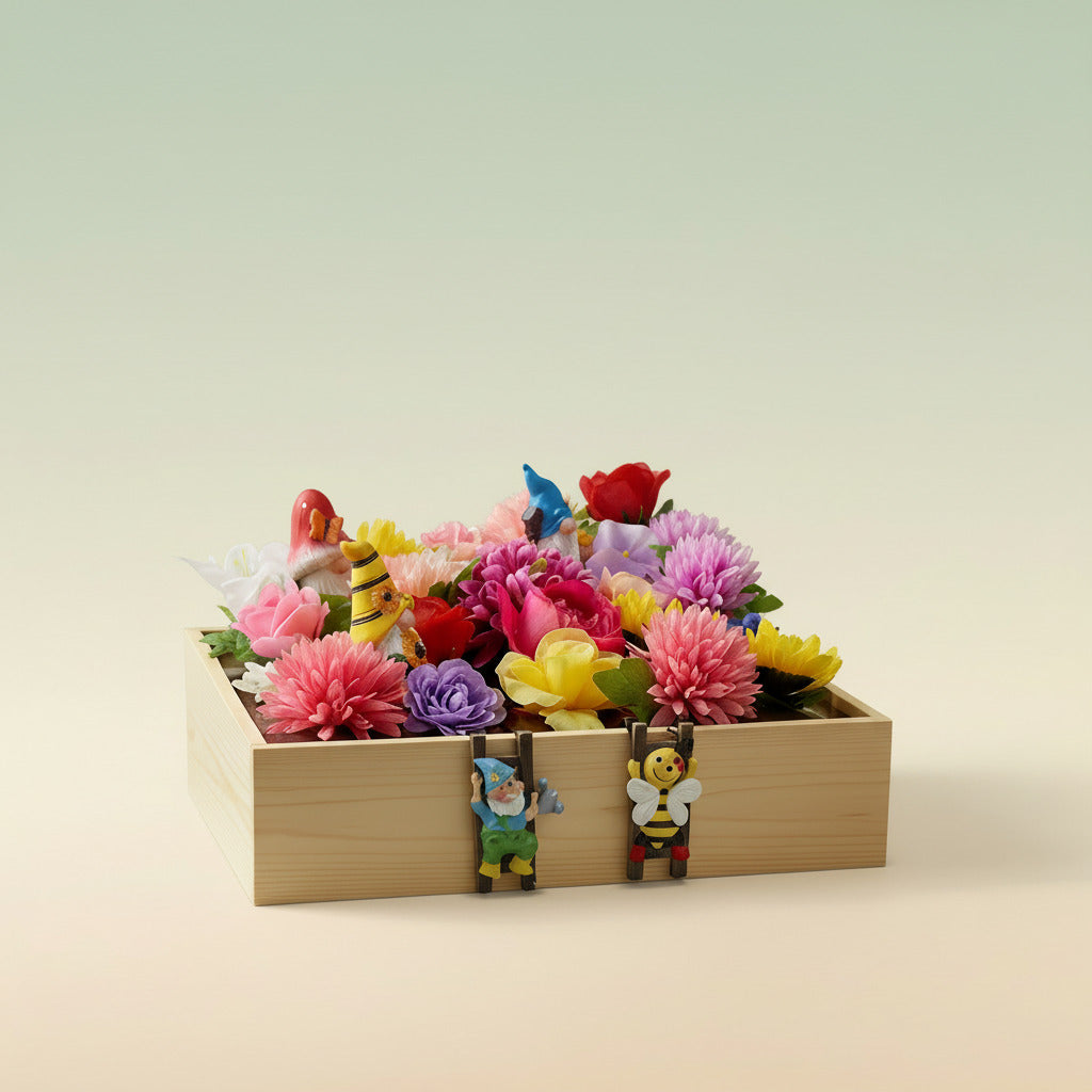 Colorful flower arrangement in a wooden box with small figurines on a light background