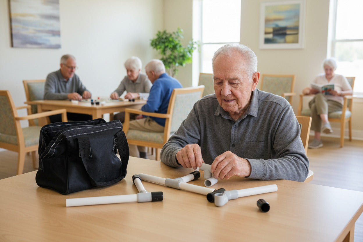 Senior man working on a project at a table with plumber's pipe