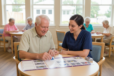 Senior and Caregiver Playing Sort It Activity
