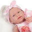 Baby doll wearing a pink outfit with a bow headband for dementia therapy