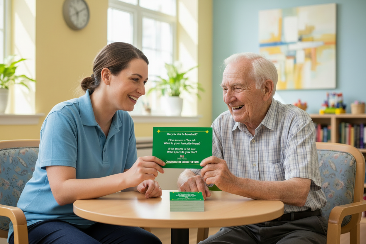 Caregiver and male senior holding golden memory question card