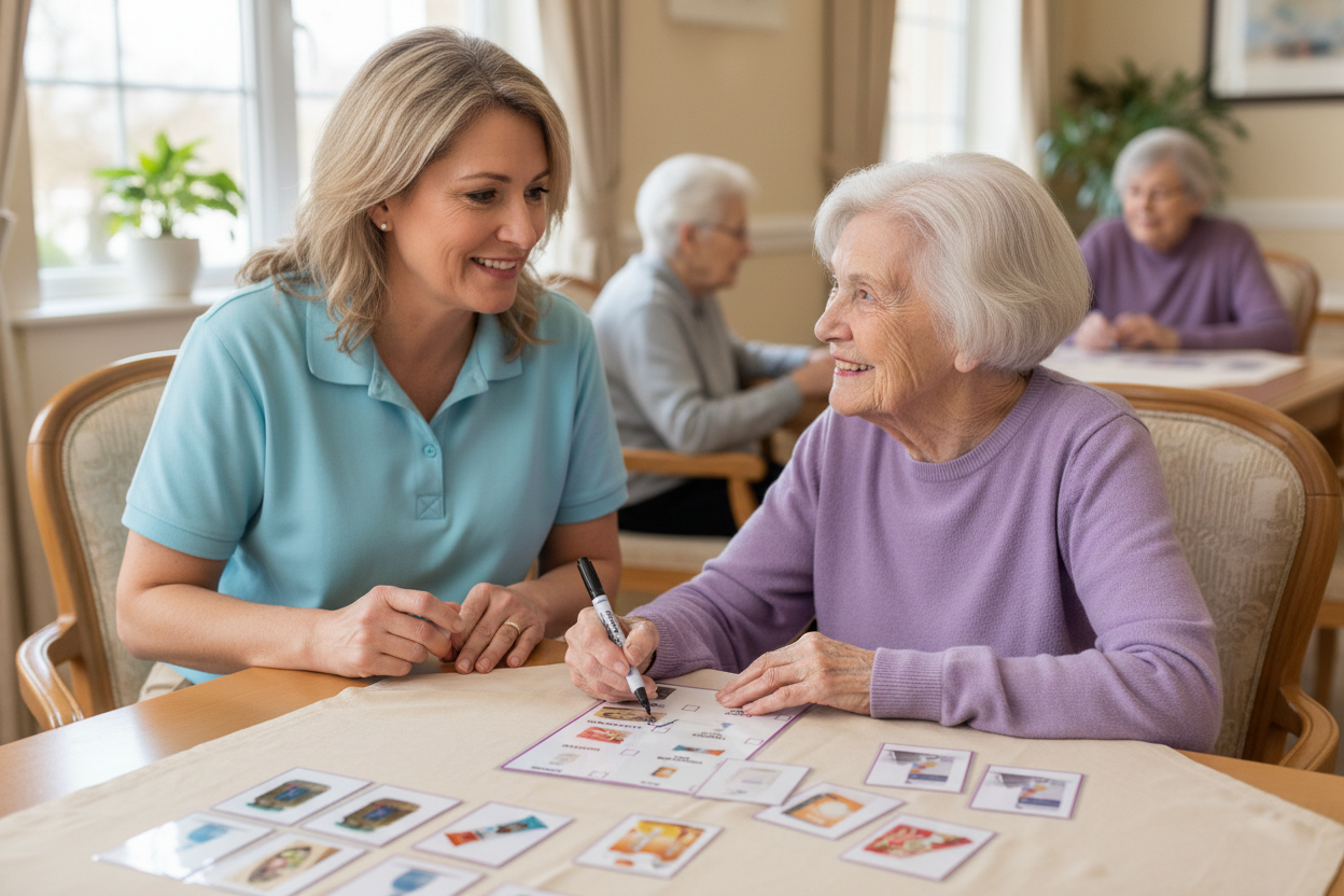 Caregiver and senior playing Grocery Shopping Game