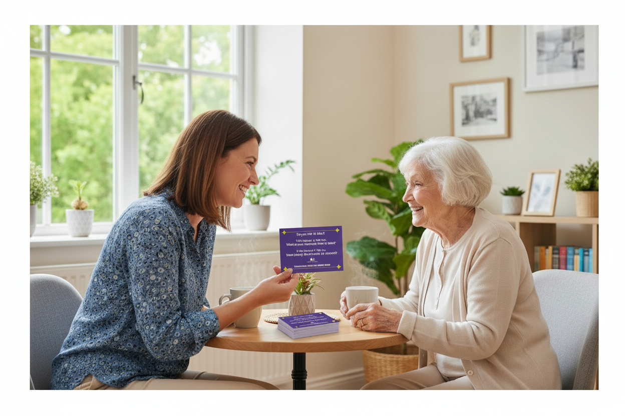 Caregiver holding golden memory conversation card