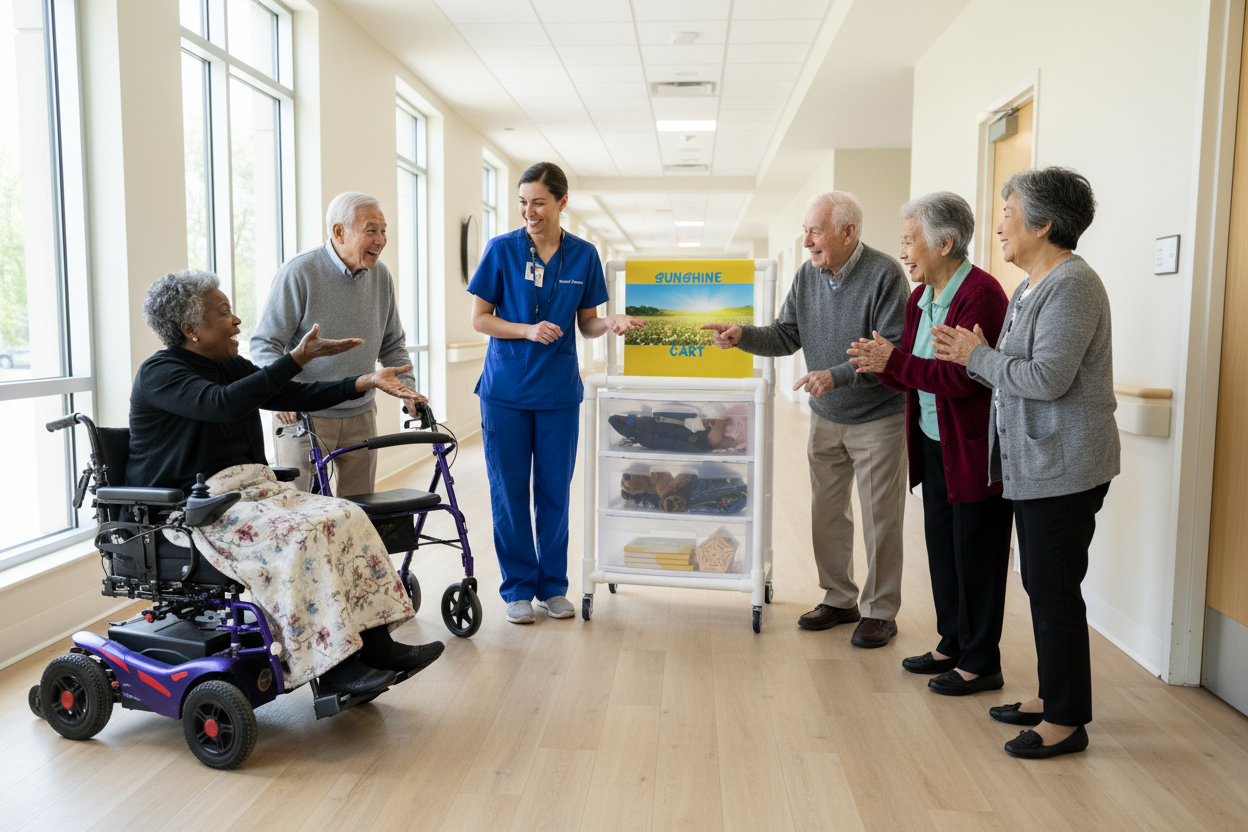 Caregiver in blue with Sunshine Cart 
