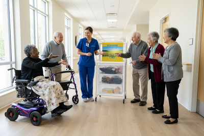 Caregiver in blue with Sunshine Cart 