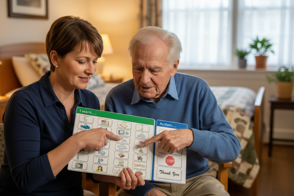 Caregiver using Get-IDA board with senior