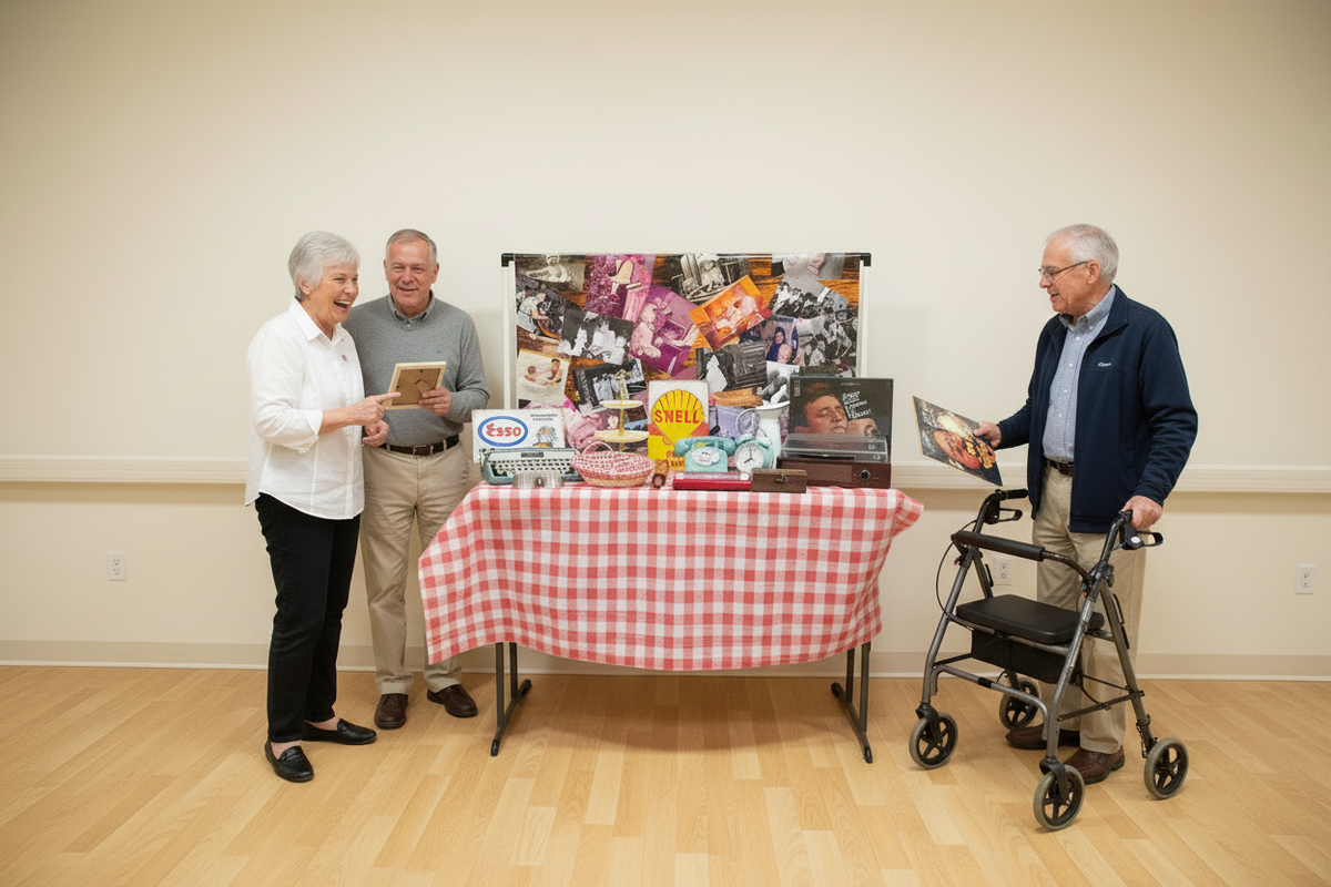 Close front view with the older man on the right using a walker