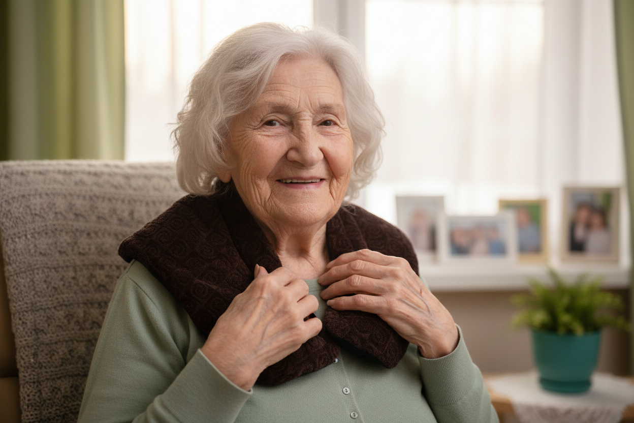 Elderly lady with HarmonyHeat Comfort shoulder wrap positioned around neck and shoulders 