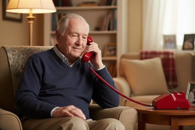 Elderly male using red dial-less telephone