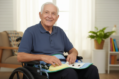 Elderly man in wheelchair with activity apron