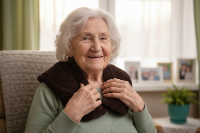 Elderly Polish lady with HarmonyHeat Comfort shoulder wrap positioned around neck and shoulders like reference image