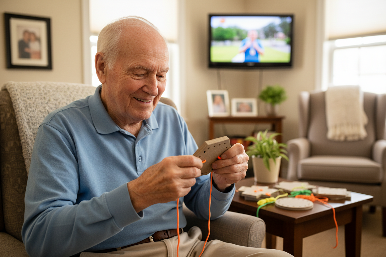 Senior man engaged with the lacing shape
