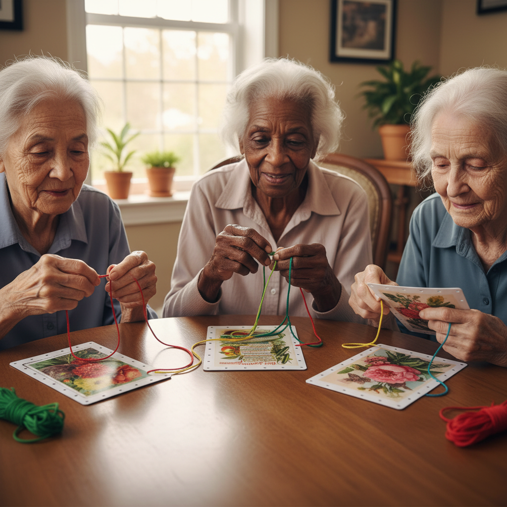 Extremely elderly women with vintage lacing cards