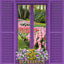 Purple shutters open to reveal a garden with pink tulips and a wooden planter of flowers.