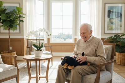 Happy senior male elderly holding clean dachshund therapy pet without letters on his lap in beautiful room