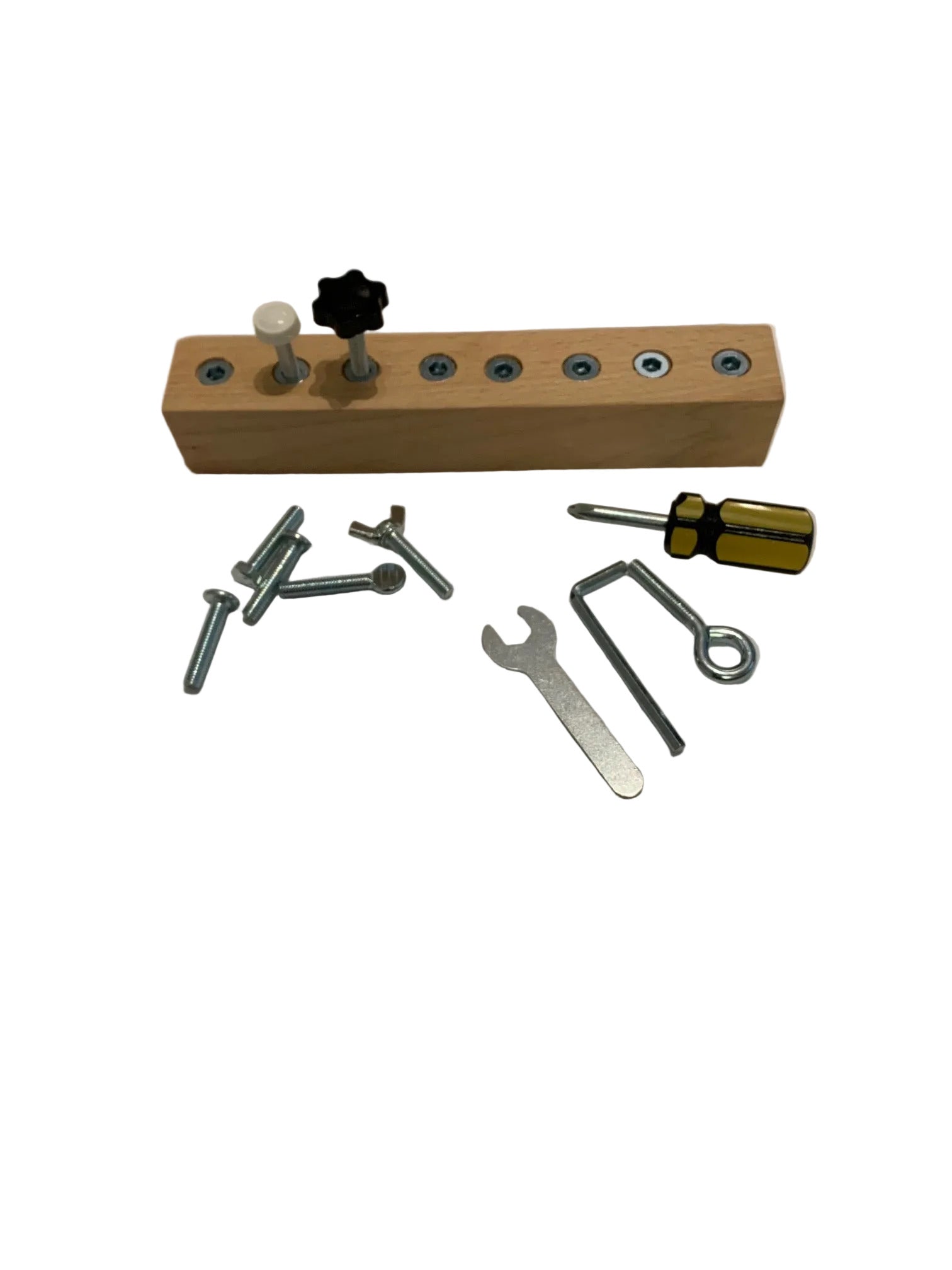 Wooden block with hardware components