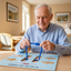 Elderly man playing with knot board and blue rope