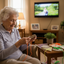 Senior woman sitting in a living room using a lacing shapes to keep busy