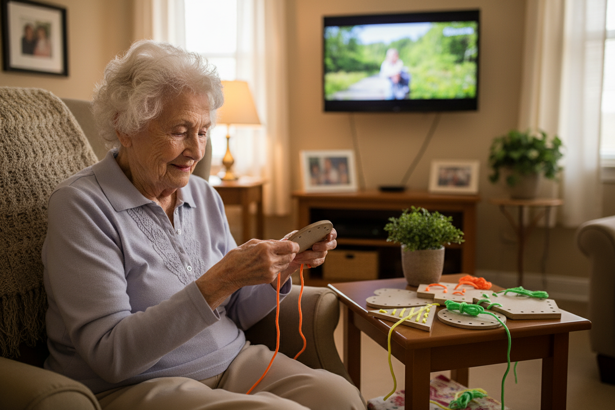 Senior woman sitting in a living room using a lacing shapes to keep busy