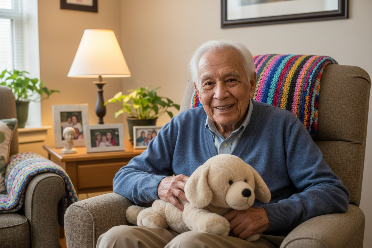 elderly male holding tan Labrador therapy pet on his lap