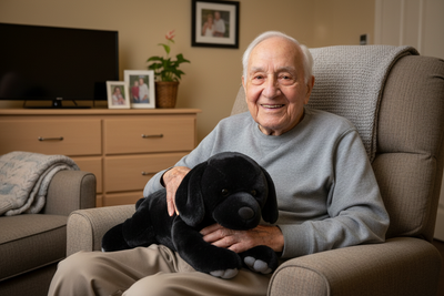 male with stuffed black Lab therapy pet's 