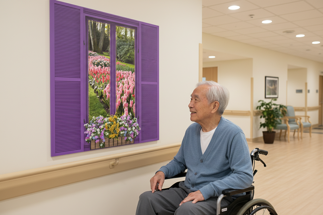 man in wheelchair looking at faux shutter mural as if looking out window