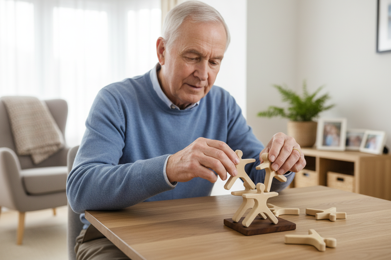 man playing with Grip & Stack Therapy Set