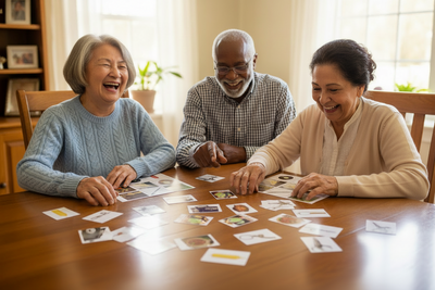 Three elderly people playing a card game together at a table.