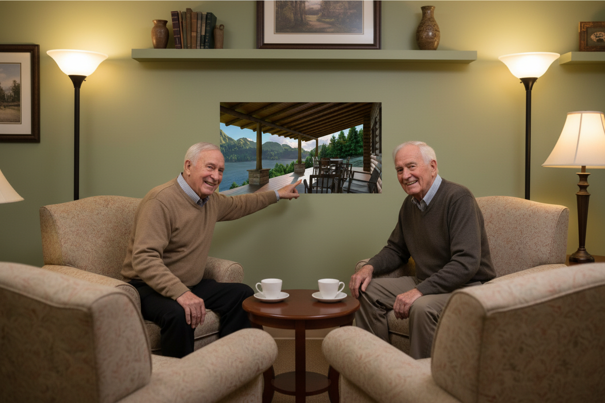 men-with-coffee-looking-at-cabin-lake-view-mural