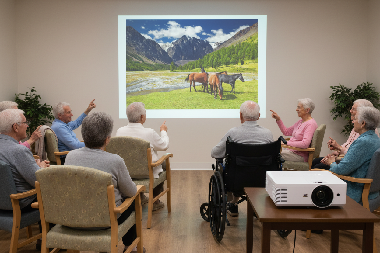 Multicultural seniors watching horse projection in care facility