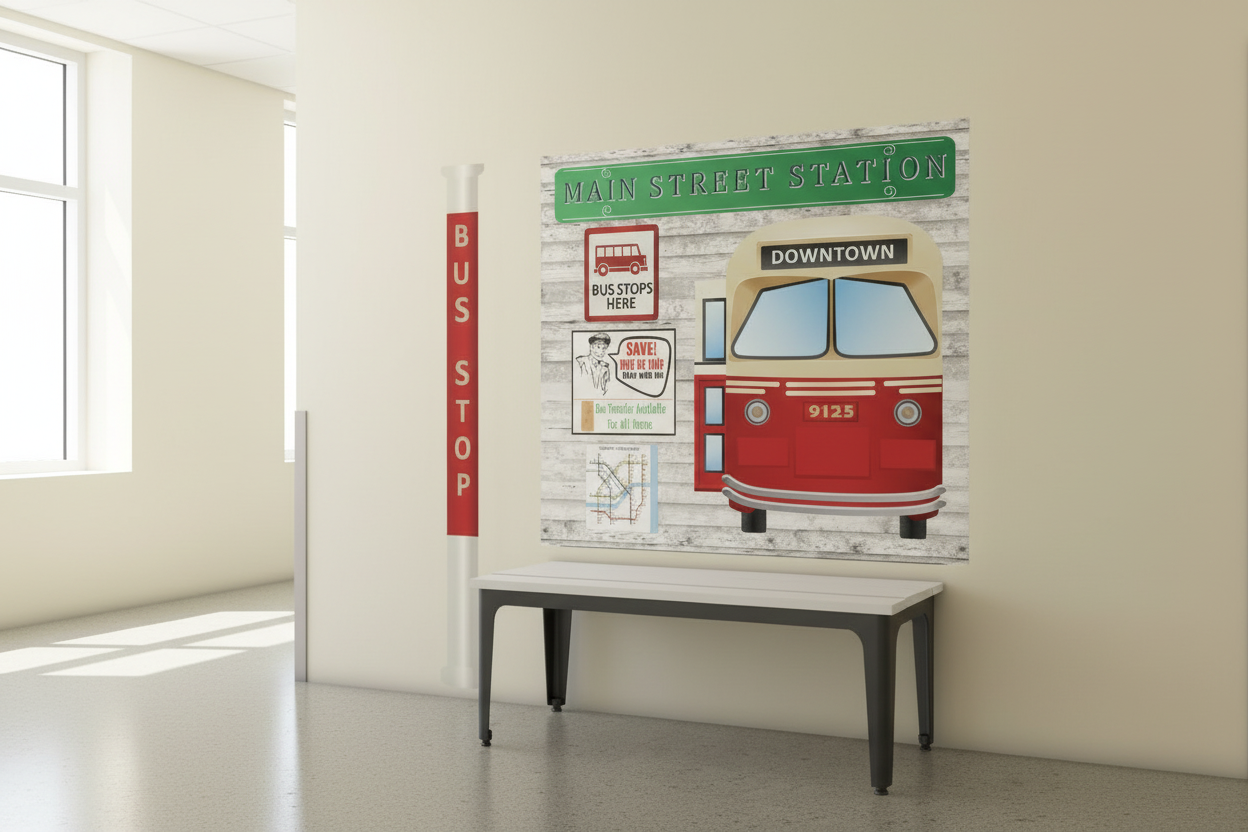 Phantom bus stop mural on wall with metal bench