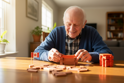 Senior man assembling Fishing Shack Wooden Puzzle