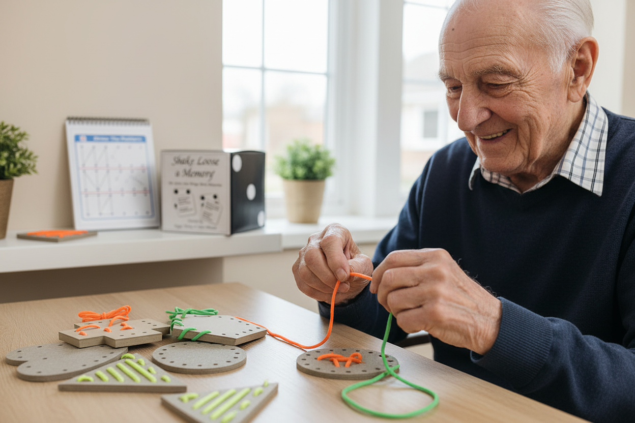 Senior man playing with lacing game