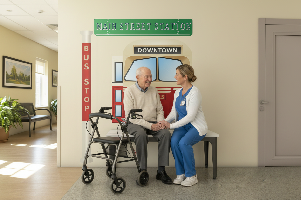 Senior man with walker and caregiver at bus stop mural with metal bench