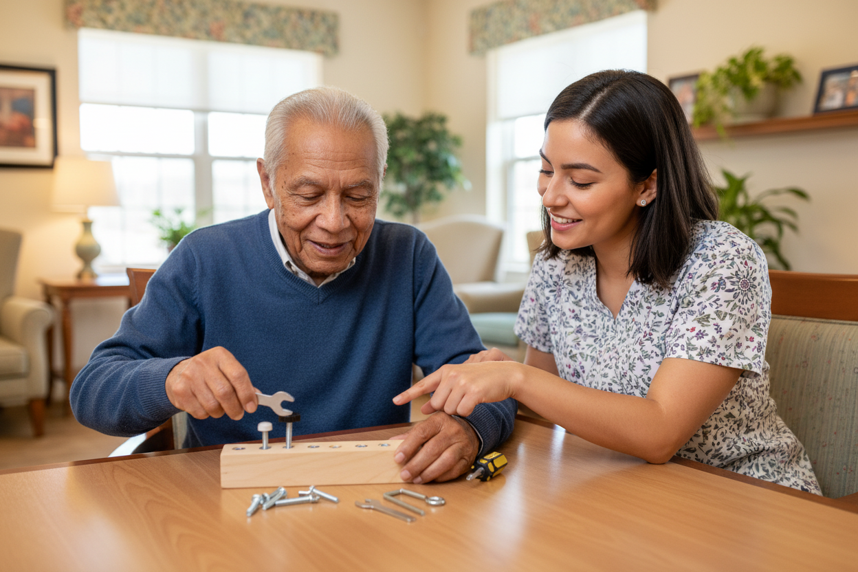 senior with caregiver using fidget tool