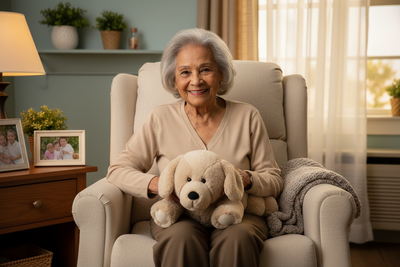 senior with tan Labrador therapy pet 