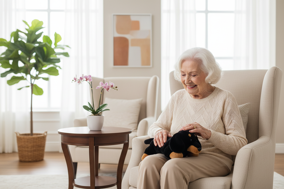 Happy senior woman holding clean dachshund therapy pet on her lap in beautiful room