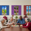 Seniors enjoying games near faux shutter windows