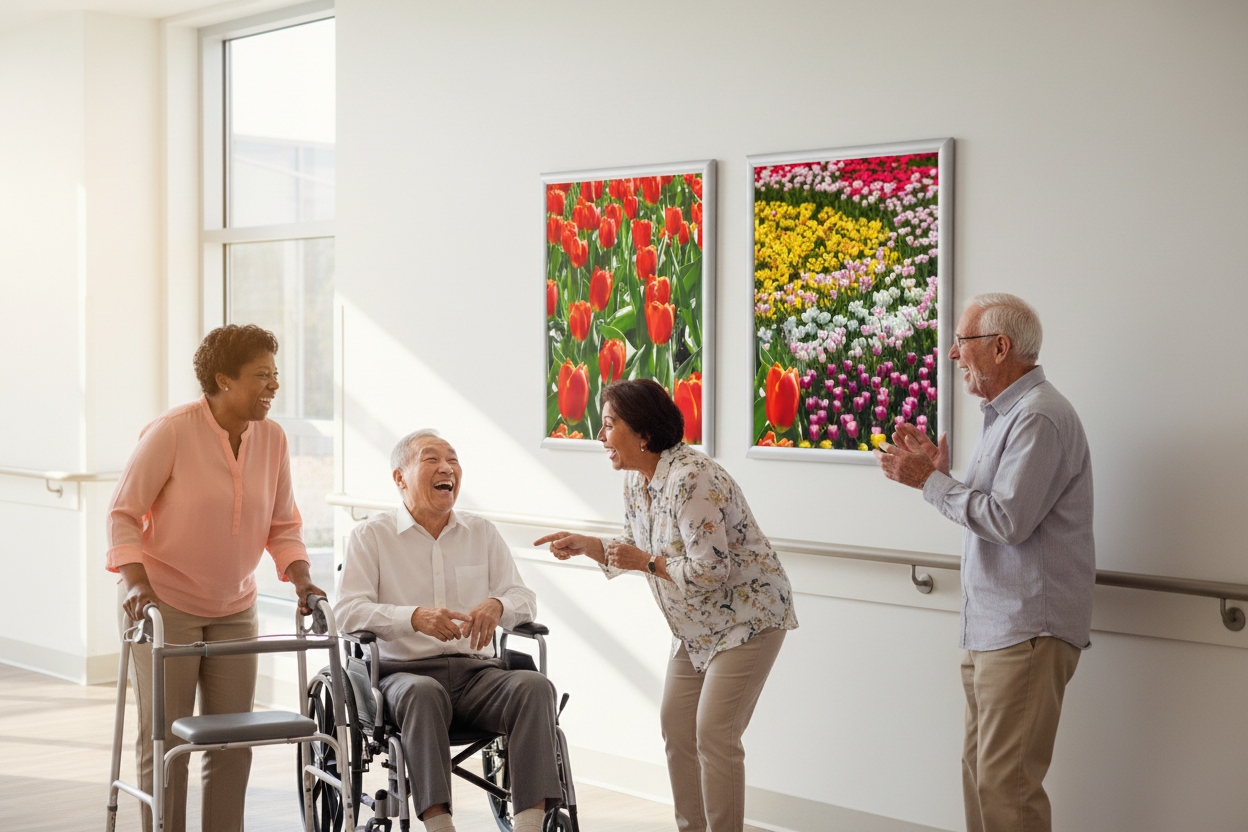 seniors laughing and pointing at flower artwork