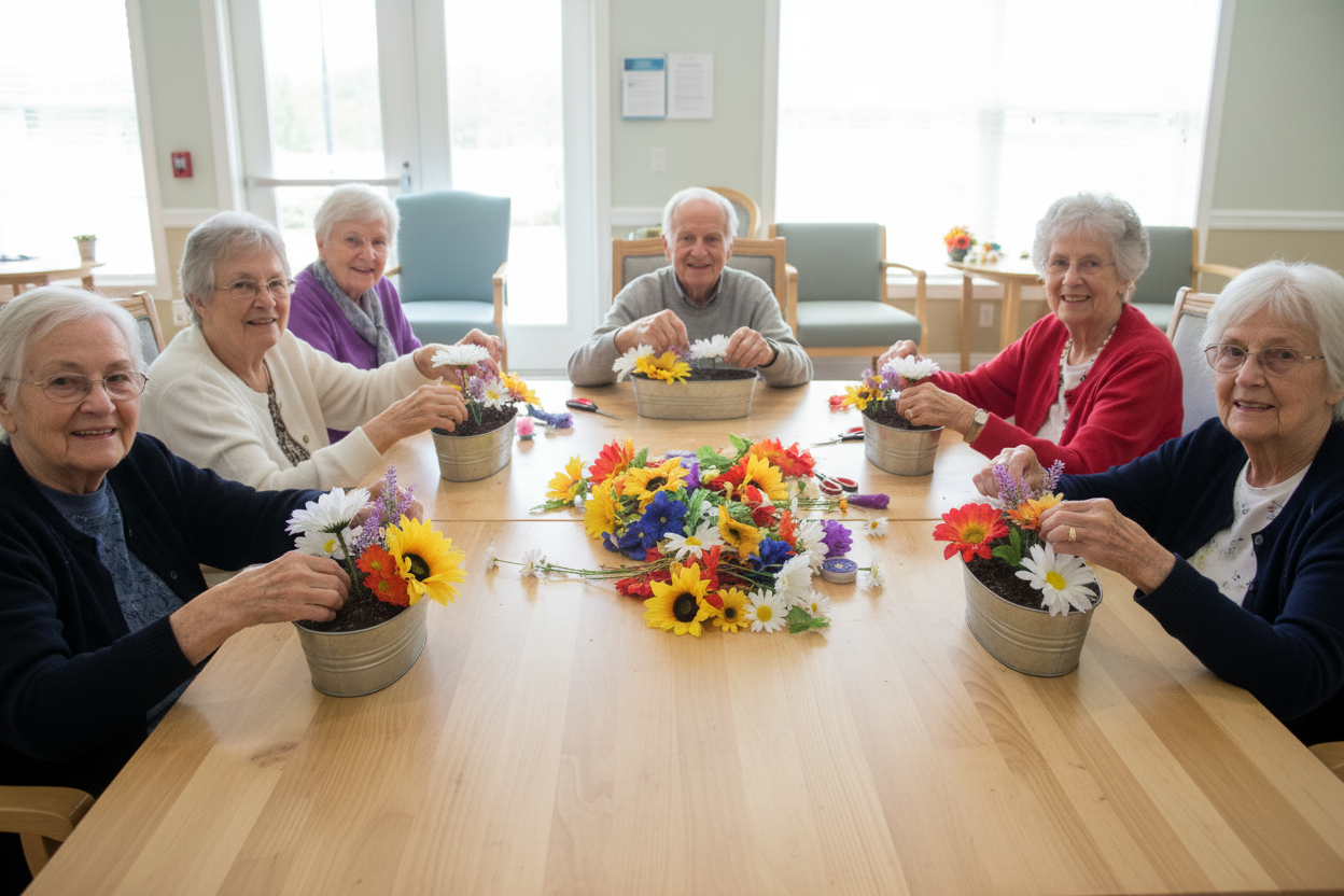 Seniors making flower arrangements with oval pots
