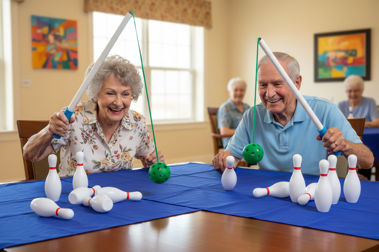 Seniors Playing Table Bowling with Knocked Down Pins