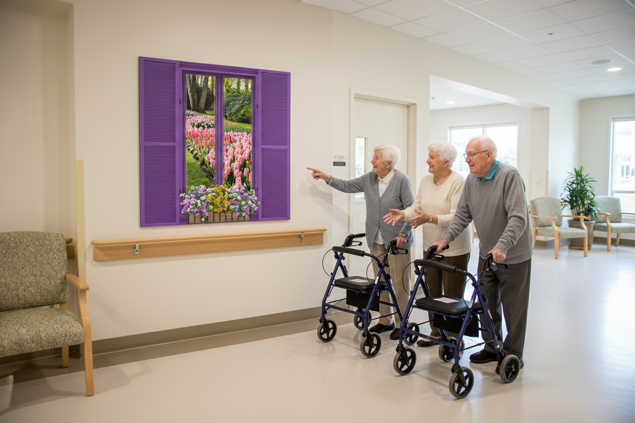 Seniors pointing at 36x36 faux shutter mural in facility hallway