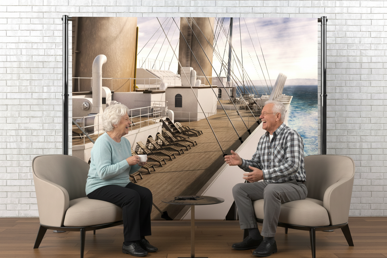Seniors talking and laughing - first vacation banner