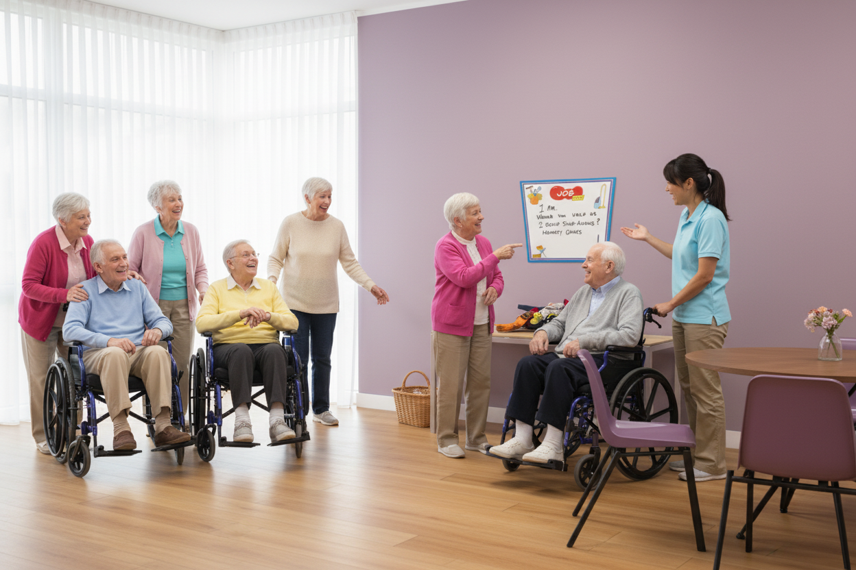 Seniors with caregiver viewing job time boards