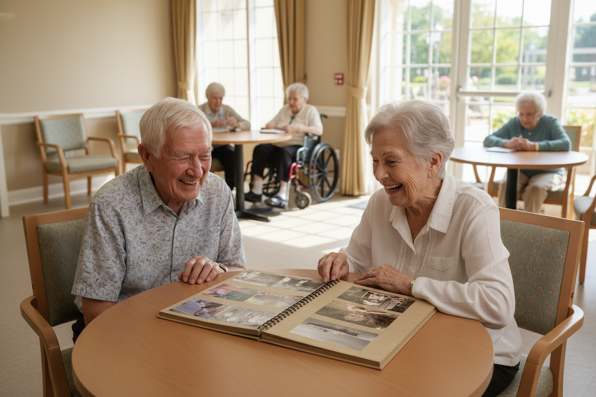 Seniors with Photo Album in Bright LTC Rec Room with Windows