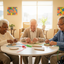 Three elderly people sitting around a table, engaged in an activity together.